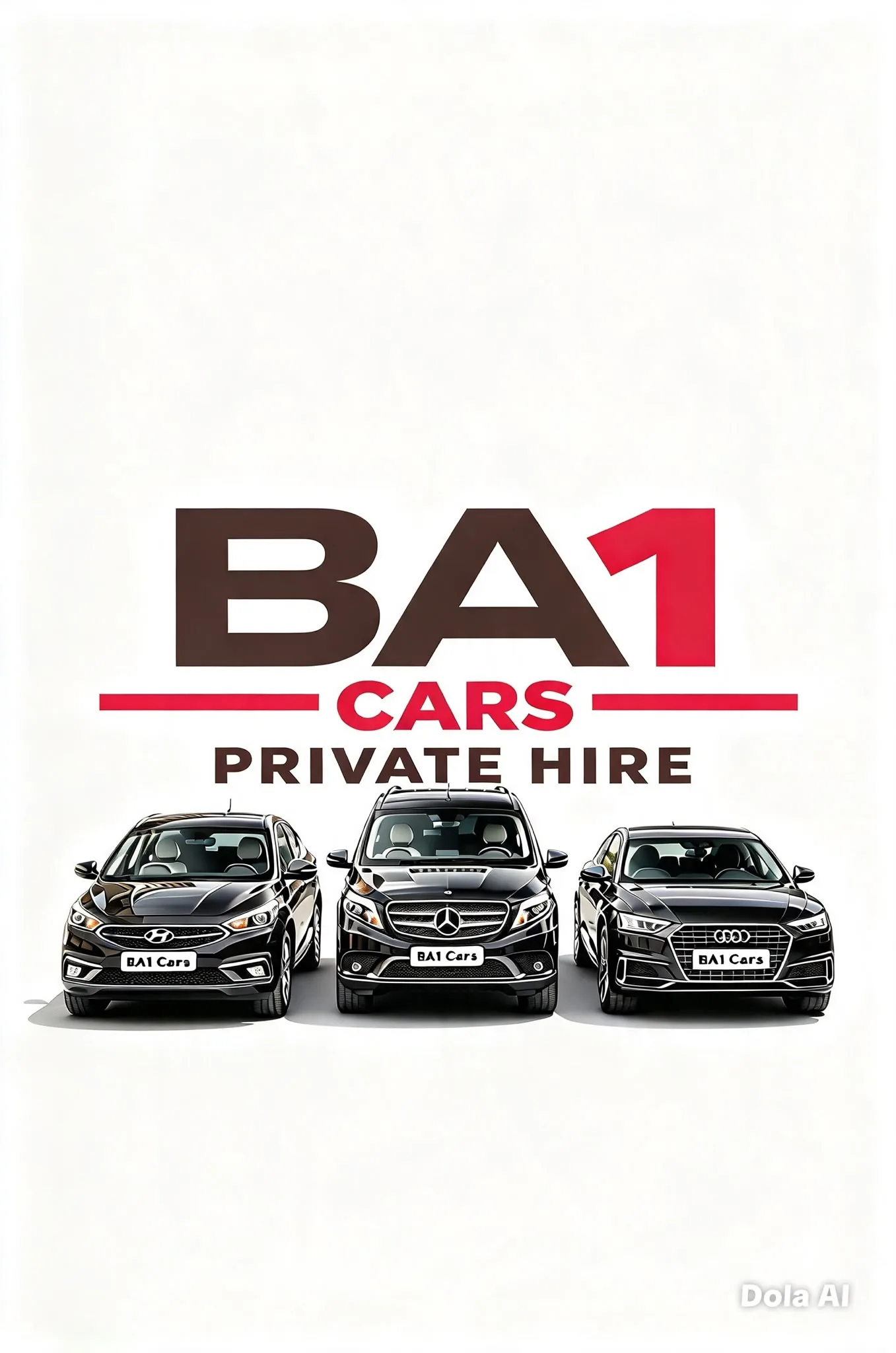BA1 Cars Private Hire logo above a black Hyundai, Mercedes V-Class and Audi fleet