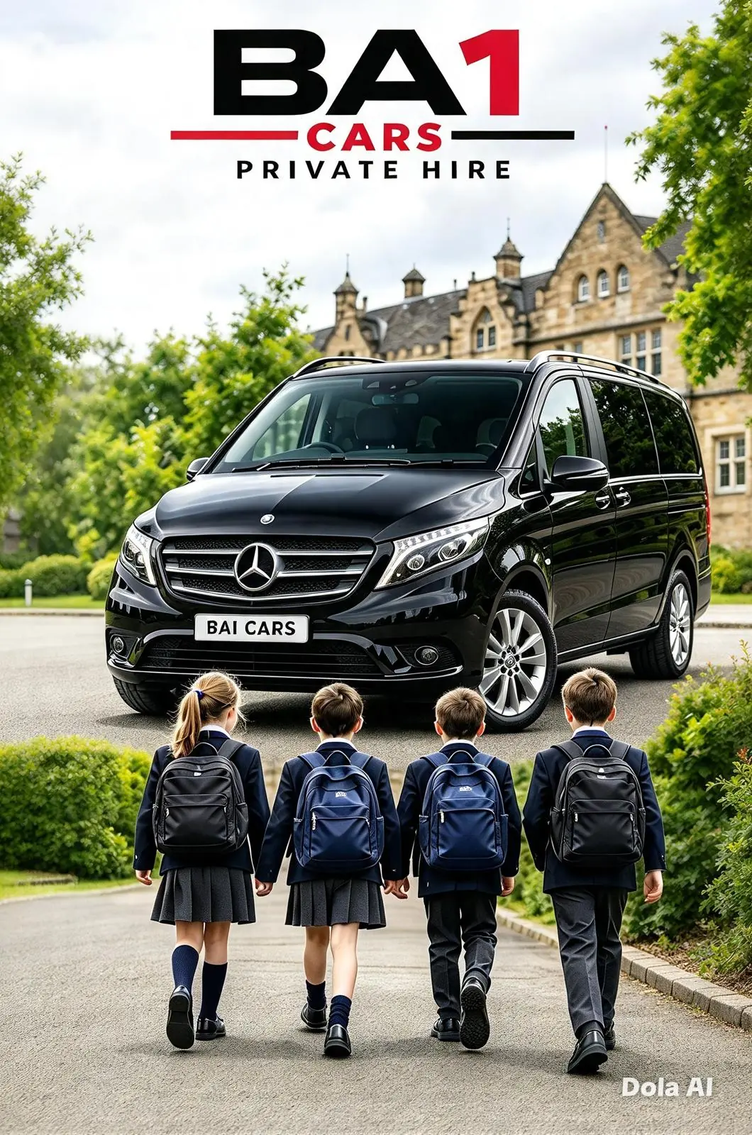 Schoolchildren walking towards a black BA1 Cars Mercedes V-Class outside a school